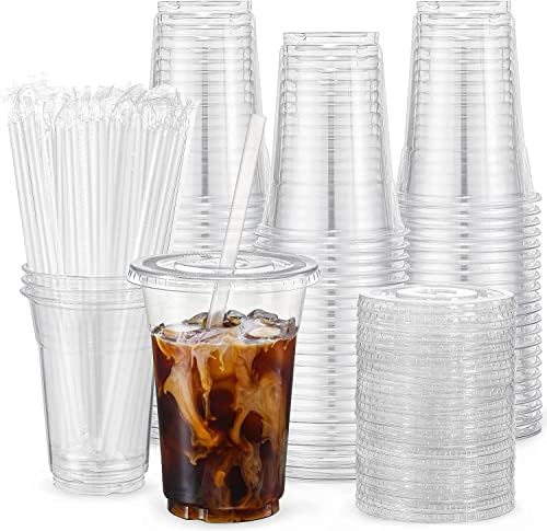 VITEVER 100 Sets - 12oz Clear Plastic Cups with Lids and Straws, Disposable Cups for Iced Coffee, Smoothie, Milkshake, Cold Drinks