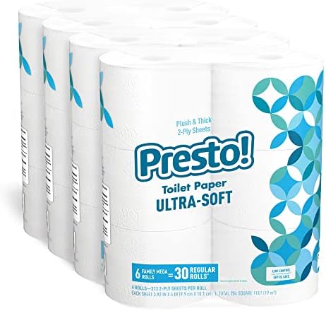 Amazon Brand - Presto! 2-Ply Ultra-Soft Toilet Paper, 24 Family Mega Rolls = 120 regular rolls, 6 Count (Pack of 4), Unscented