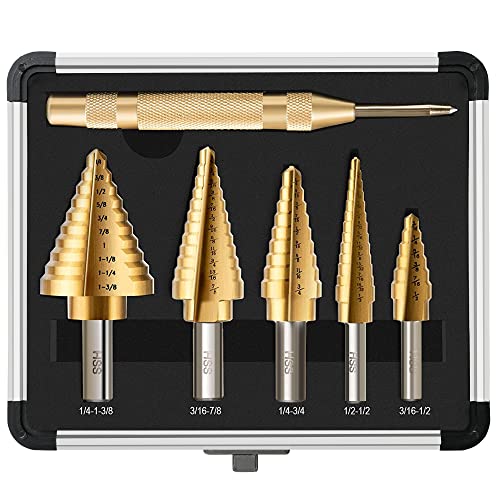 6 Pcs Step Drill Bit Set, High Speed Steel Unibit Drill Bits, Stepped Up Bits & Automatic Center Punch for Sheet Metal, DIY Lovers with Aluminum Caes, Total 50 Sizes for Multiple Hole