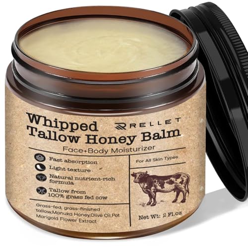 Beef Tallow and Honey Balm for Skin : Grass Fed Whipped Beef Tallow With Honey Face Body Moisturizer 2oz - Organic Unscented Fast Absorption Tallow Cream Infused with Manuka Honey Beeswax Olive Oil