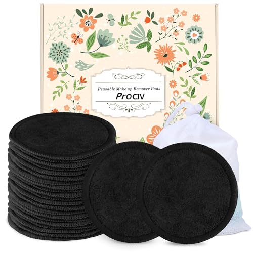 ProCIV Reusable Makeup Remover Pads - 25 Pack Washable Organic Cotton Rounds for All Skin Types & Toner with Laundry Bag, Eco Friendly Zero Waste Reusable Cotton Pads Travel Gadgets (Black)