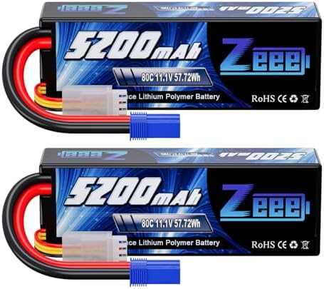 Zeee 11.1V 80C 5200mAh 3S Lipo Battery with EC5 Connector Hardcase Battery for RC Car Boat Truck Helicopter Airplane Racing Models(2 Packs)