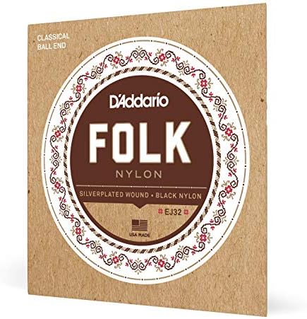 D'Addario Guitar Strings - Folk Nylon Guitar Strings - EJ32 Classical Guitar Strings - Nylon Core, Ball End - Silver Plated Wrap, Black Nylon Trebles
