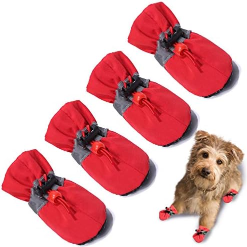 Dog Shoes Dog Boots & Paw Protector, Anti-Slip Sole Winter Dog Booties with Reflective Straps Dog Snow Boots for Small Medium Dogs 4PCS Red 3