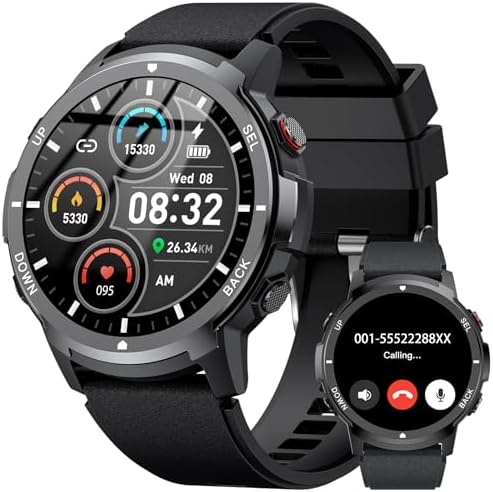 Smart Watches for Men with 4 Buttons, 1.43'' AMOLED Fitness Watch with Heart Rate/BP/Sleep Tracker, Pedometer, 110+ Sport Modes, Password, 5ATM Military Smart Watch for Android iOS