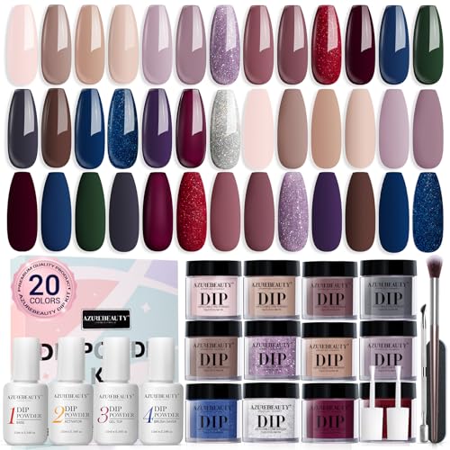 AZUREBEAUTY Dip Powder Nail Kit Starter 20 Colors Nude Brown Glitter Purple Blue Dipping Powder Liquid Set with Top/Base Coat Activator for French Nail Art Manicure DIY Salon Gifts for Women