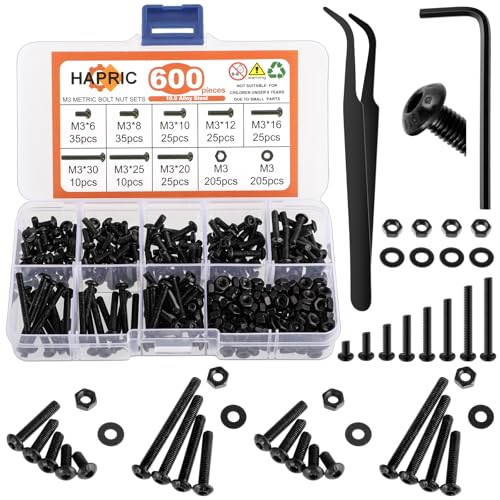600 Pcs M3 Screws Assortment Kit M3 Screw Kits Nuts and Bolts Assortment Kit Metric Machine Screw Kit, 12.9 Alloy Steel Black Zinc Plated Hex Button Head Screws Nuts Bolts and Washers Set