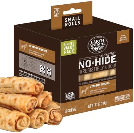 Earth Animal No-Hide Rolls Venison Recipe Small Natural Rawhide Alternative Dog Chews | 6 Count Pack of 1