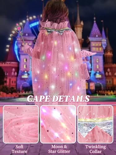 Popsunny Light Up Princess Dress Up Cape Costume for Girls 3 4 5 6 Years Old, Kids Birthday Christmas Halloween Party Gift Pink