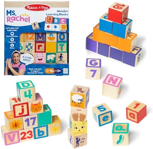 Ms. Rachel Melissa & Doug Letter, Number, and Game Wooden Learning Blocks with Activity Cards for Girls and Boys Toddlers Ages 18 Months+ - FSC-Certified