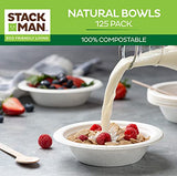 100% Compostable Disposable Paper Bowls [125-Pack] - {PFAS-Free} - {BPI Certified} - [12 oz] Heavy Duty, Eco-Friendly, Biodegradable Bagasse Hot Soup Bowls - Thick White 12oz Bowl Plates by Stack Man