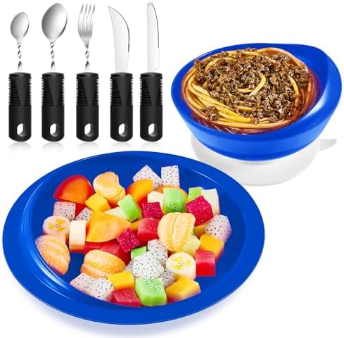 2 Sets Adaptive Utensils Bowl and Plate Set Adaptive Self Feeding Dinnerware with Suction Base Non Slip Bendable Cutlery for Elderly Disabled Hand Tremors Arthritis Parkinson(Blue)