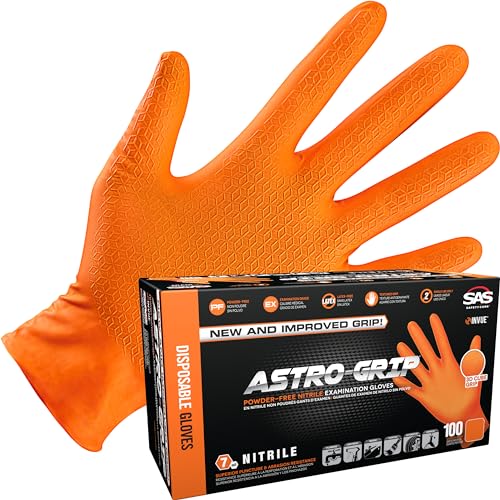 SAS Safety Astro-Grip Powder-Free Exam Grade Nitrile Disposable Gloves. Size Large, Orange, 7 mil Thickness. Chemical and Puncture Resistant. Single-Use. Pack of 100. (66473)