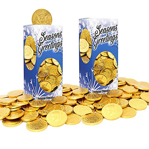 The Dreidel Company Seasons Greetings Milk Chocolate Gold Coins, Stocking Stuffers, Nut-Free, Belgian Milk Chocolate Coins, Kosher Certified Gelt (2 Pounds)