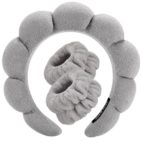 Spa Headbands for Washing Face Wristband Set Sponge Makeup Skincare Headband Wrist Towels Bubble Soft Terry Towel Cloth Hairband for Women Puffy Headwear Non Slip Thick Thin Hair Headwear (Dark gray)