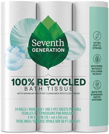 Seventh Generation Toilet Paper White Bathroom Tissue 2-ply 100% Recycled Paper without Chlorine Bleach 24 count, Pack of 2