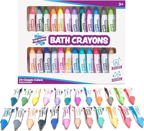 Tub Works® Smooth™ Bath Crayons Bath Toy, 24 Pack | Nontoxic, Washable Bath Crayons for Toddlers & Kids | Unique Formula Draws Smoothly & Vividly on Wet & Dry Tub Walls | Hexagon Grip Bathtub Crayons