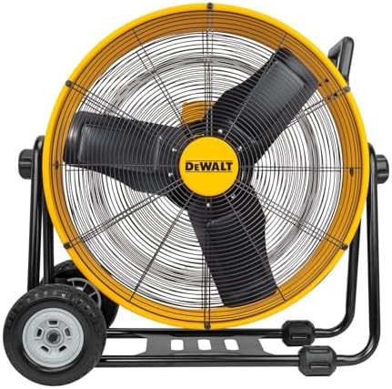 DEWALT DXF2490 High Velocity Fan, Floor Fan, Industrial Fan, 24 Inch Large Electric Metal Rotating Garage Fan with 360° Adjustable Tilt & Large Wheel, Drum Fan for Outdoor, House and Warehouse, Yellow