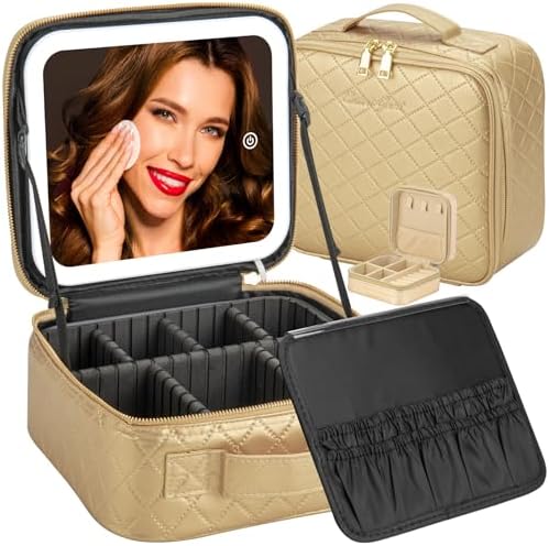 Makeup Travel Train Case with Mirror LED Light 3 Adjustable Brightness Cosmetic Bag Portable Storage Adjustable Partition Waterproof Makeup Brushes Makeup Jewelry Gift for Women (Gold Color)
