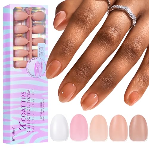BTArtbox XCOATTIPS Gel Nail Tips - 640 Pcs Extra Short Almond Press On Nails, 5 Natural Colors Long Lasting Short False Nail, Soak Off Acrylic Fake Nails Extensions for Daily Nail Art
