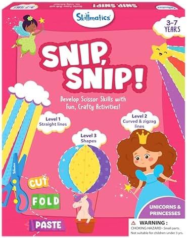 Skillmatics Scissor Skills Activity Book - Snip, Snip Unicorns & Princesses, Easter Basket Stuffers, Art & Craft Kit for Kids, 2 Child-Safe Scissors, 25 Fun Activities, Gifts for Ages 3, 4, 5, 6, 7