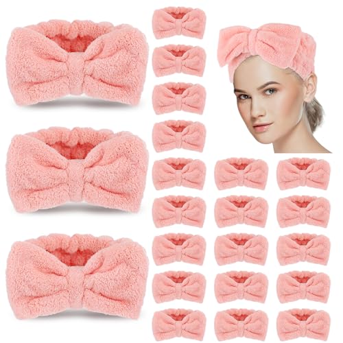 Yunlly 20 Pcs Spa Headband for Women 4 Inches Width Facial Makeup Hair Band Bulk Skincare Headbands for Washing Face Bowtie Slumber Party Supplies Fluffy Head Wraps(Pink)