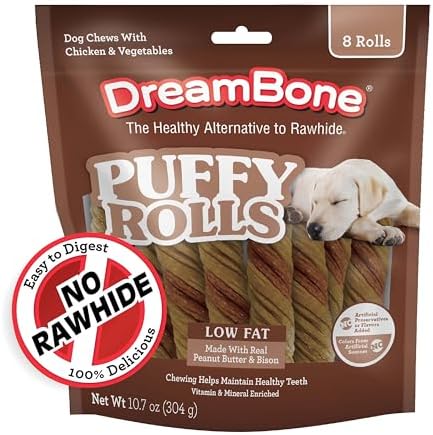 Dreambone Puffy Rolls Chews for Dogs, 8 Count, Treat Your Dog to Easy-to-Digest Rawhide-Free Chews Made with Real Peanut Butter and Bison