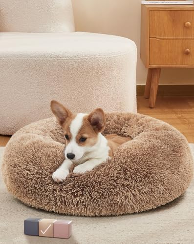 OhGeni Calming Donut Dog Bed Pillow for Small Medium Pets, Machine Washable Removable Cover, Comfort Plush Fluffy Faux Fur with Anti-Slip Bottom, Cats-Friendly Round Cuddly Design, Ocher, 23 inches