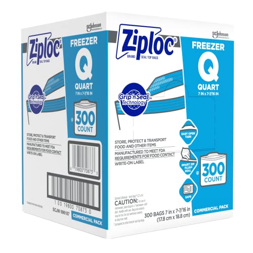 Ziploc 696187 Double Zipper Freezer Bags, 1qt, 2.7mil, 7 x 7 3/4, Clear w/Label, 300/Carton