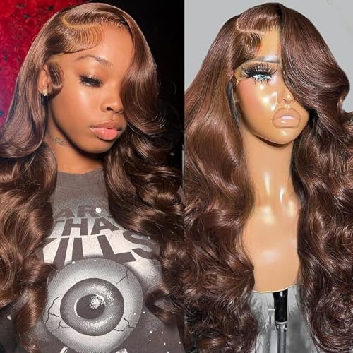 Chocolate Brown 13x6 Body Wave Lace Front Wigs Human Hair 20Inch 180% Density HD Transparent Full Lace Front wigs Human Hair Pre Plucked with Baby Hair Lace Frontal Wigs for Women