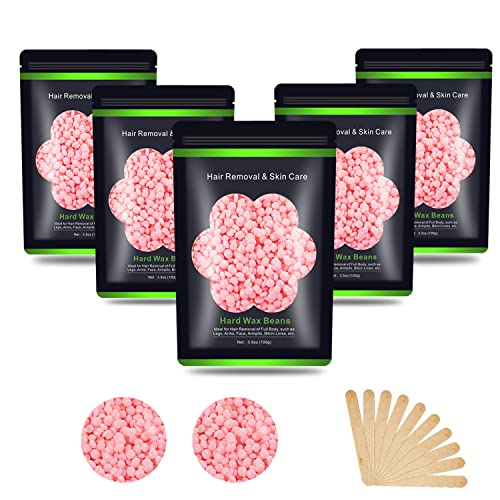 Wax Beads for Hair Removal 1.1 lb (17.6 oz), Hard Wax Beads for Sensitive Skin - Brazilian, Face, Bikini, Legs, Eyebrow, Painless Waxing Beads Kit for Women Men, 5 Packs with 10 Wax Sticks