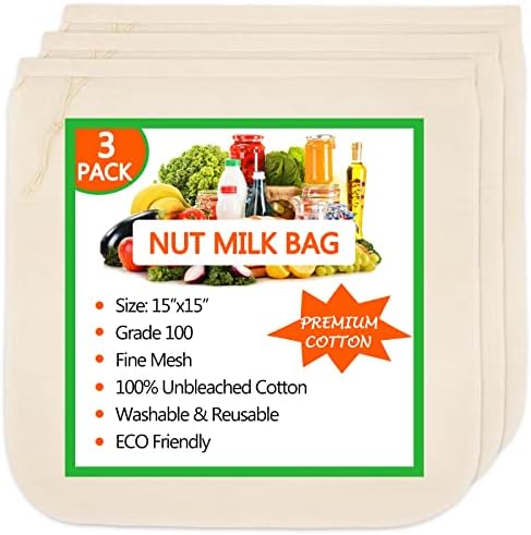 3 Pack Nut Milk Bag 15"x15", Cheesecloth bags for Straining Reusable, 100% Unbleached Cotton Cloth, Almond/Oat/Soy Milk Strainer, Filter Bag for Cheese/Yogurt/Juice/Cold Brew Coffee Wine/Soup/Herbs