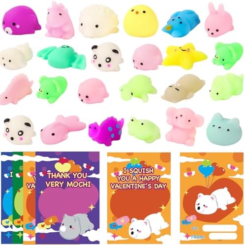 28 Pack Valentines Day Cards for Kids School with Mochi Squishy, Valentines Day Cards for Kids Funny Classroom Exchange and Party Favor Gifts