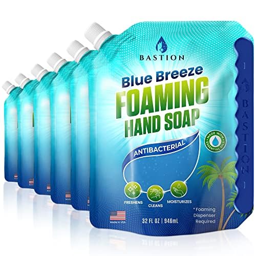 Bastion Foaming Hand Soap Refills (6) X 32oz Pouches Antibacterial Refreshing Clean Blue Breeze Scent Bulk Hand Wash -Made In The USA