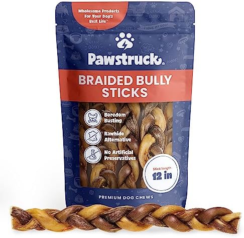 Pawstruck Natural 12" Braided Bully Sticks for Dogs – Tough, Long-Lasting, Rawhide-Free, Low-Odor, Single Ingredient Chew Treat for Aggressive Chewers – 5 Count – Packaging May Vary
