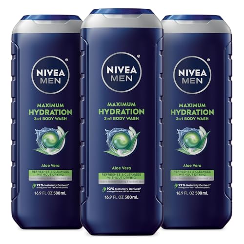 NIVEA MEN Maximum Hydration Body Wash, Aloe Vera Body Wash for Dry Skin, 3 Pack of 16.9 Fl Oz Bottles