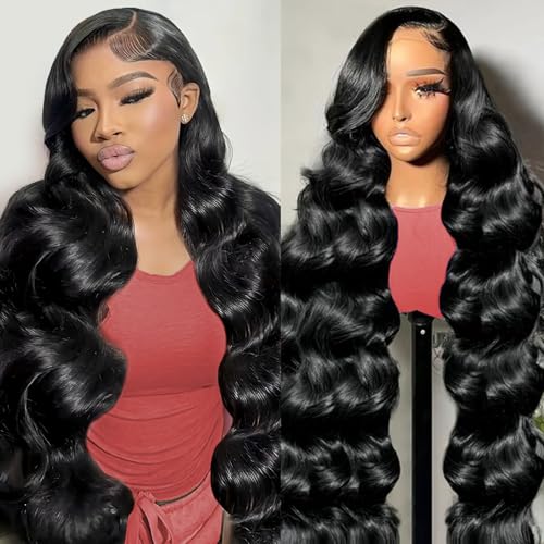 haha 28 Inch Body Wave Lace Front Wig Human Hair Pre Plucked 180% Density HD Transparent Lace Frontal Wigs Human Hair 13x4 Lace Front Glueless Human Hair Wigs For Women Black Bleached Knots Baby Hair