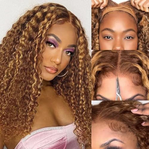 QNQZ Wear and Go Glueless Wigs Human Hair Pre Plucked Pre Cut Ombre Highlight Curly Wig Human Hair for Women 180% Density 13x4 HD Lace Front Wigs Human Hair 3S Ready to Wear for Beginners 16 Inch