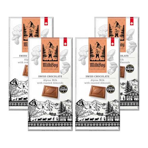 Milkboy Swiss Almond Chocolate Bars - Premium Swiss Alpine Milk Chocolate with Almonds - All Natural, Gluten-Free, Non-GMO - Made in Switzerland, Kosher - 3 oz, Pack 4