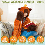 Mewaii Wearable Oversized Blanket Hoodie for Adults, Capybara Blanket Hooded Cloak, Warm and Cozy Flannel Cute Animal Blanket Hoodie, Funny Christmas Blanket Gifts for Women and Males