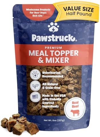 Pawstruck Vet Recommended Air Dried Dog Food Toppers for Picky Eaters, Made in USA with Real Beef, Premium All Natural Meal Mix-in Kibble Enhancer, 8 oz, Packaging May Vary