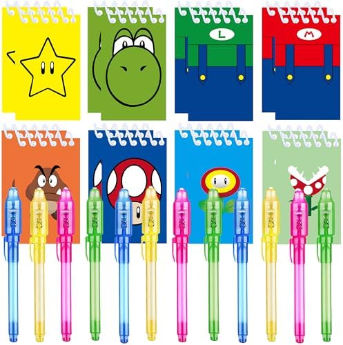 24 Pcs Super Bros Party Favors | Set of 12 Invisible Ink Pen and 12 Super Bros Mini Notepads | Gift Bag Stuffers for Super Bros Party Supplies