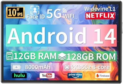 10 Inch Android Tablet, 12GB RAM 128GB Storage (Expandable to 1TB), 5G WiFi, 8000mAh Long Battery Life, Octa-Core Processor, Dual Camera (5MP+8MP), Face Unlock, Black