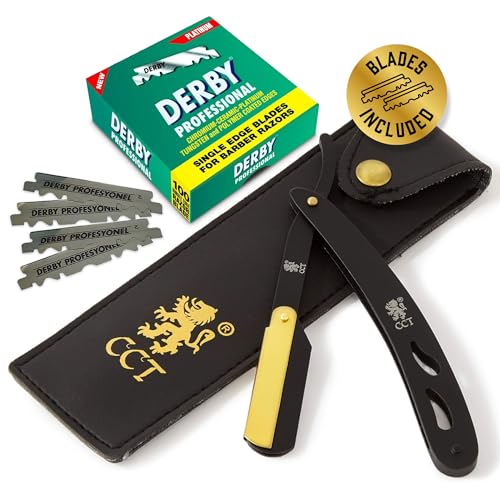 The Cambridge Cutthroat® Cut Throat Razor Kit with Travel Pouch - Black & Gold Stainless Steel Professional Barber Single Straight Edge for Men - Moustache Shaver & Beard Shaper