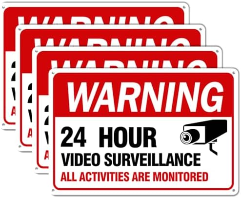 Video Surveillance Sign, 4-Pack 12"x 8" Security Camera Sign, Reflective and Waterproof Material 24 Hour Surveillance Sign For Home/Business