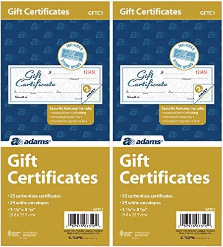 Adams Gift Certificate Book, Carbonless, Single Paper, 3.4 x 8 Inches, White, 2-Part, 25 Numbered Certificates Plus Store Sign (GFTC1) … (2 Pack)