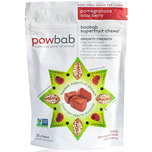 powbab Baobab Superfruit Chews - 750mg Raw Baobab Powder Organic. Immune Superfood Supplement, 100% Antioxidants for Cold Season Vitamin C. Acai Berry Powder Pomegranate Supplement, Non GMO, 30 Chews