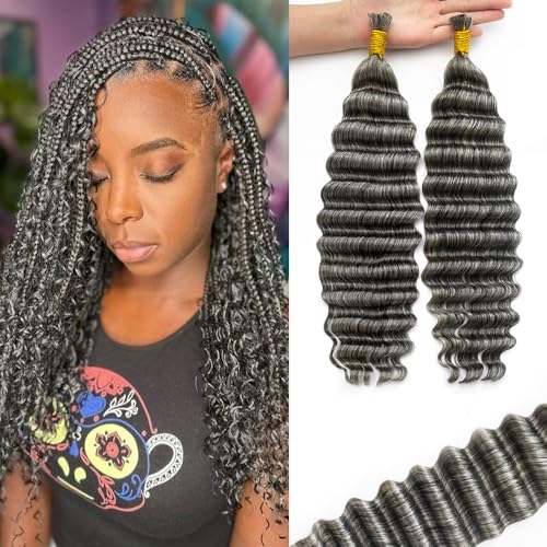 KRN Grey Braiding Hair Deep Wave Bulk Human Braiding Hair 2 Bundles/Pack 100g Curly Hair for Boho Braids 12A Salt And Pepper Braiding Human Hair No Weft Wet and Wavy Gray Braiding Hair 16Inch