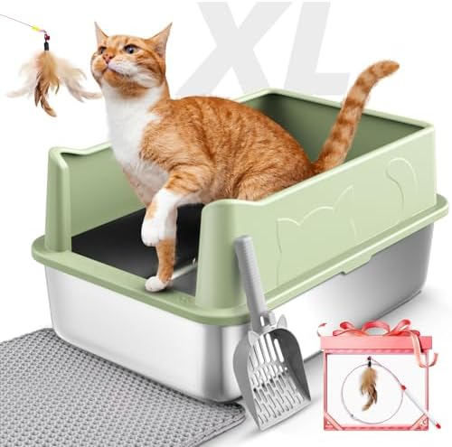 Stainless Steel Cat Litter Box,Enclosed XL Large Litter Box for Big Cats,Includes Litter Mat, Litter Scoop and Cat Wand Toy, High Sided,Stick Bottom, Anti-Urine Leakage (Green)