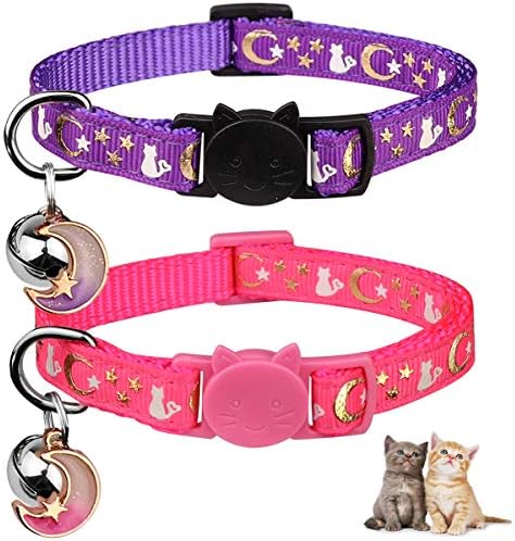 2PCS Breakaway Cat Collars with Bell Cute Kitty Glow in The Dark Adjustable Kitten Collars 7.9-13.0 Inch(Purple&Pink)